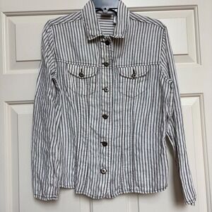 Chicos Womens 100% Linen Striped Button Down Shirt Jacket White Black Size 1 M